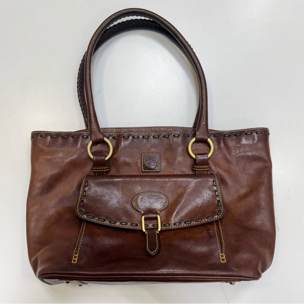 Dooney & Bourke Florentine Brown Leather Shoulder Bag with Brass Accents